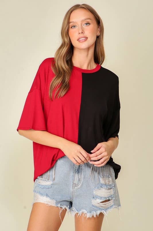 Game Day Multi Color Knit Top- Deep Red/ White