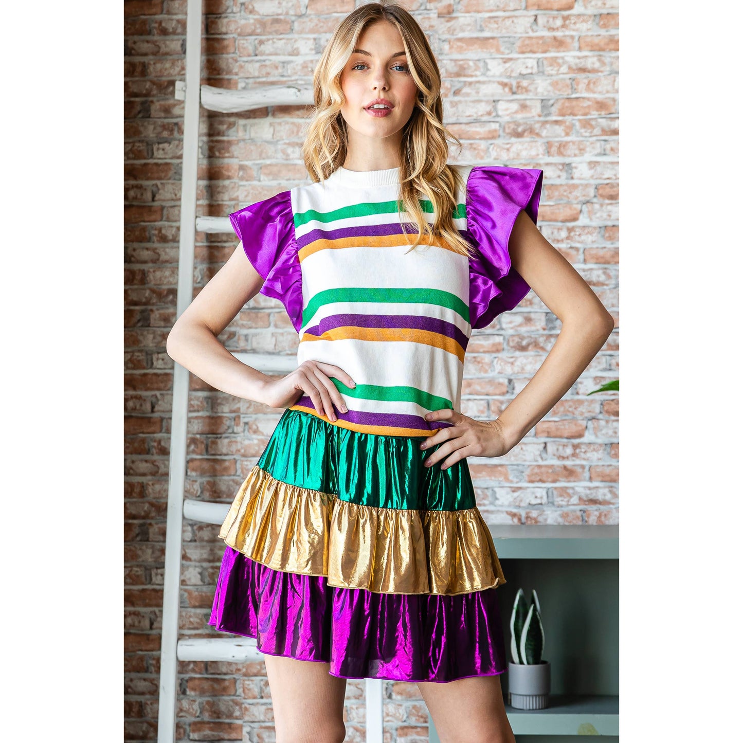 Mardi Gras Stripe Flutter Sleeve Sweater- White