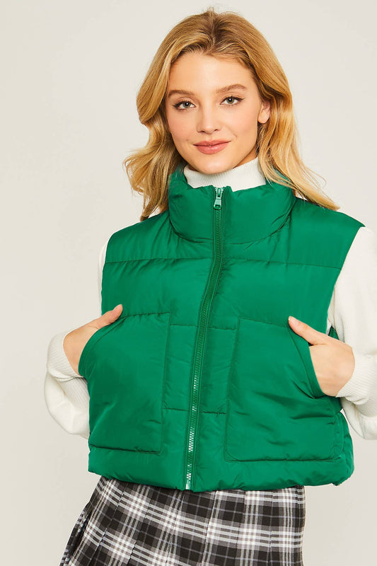 Puffer Vest With Pockets- Green