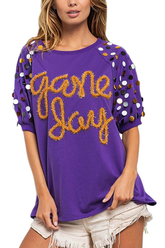 Game Day Metallic Letter Spangle Short Sleeve Sweater- Purple & Gold