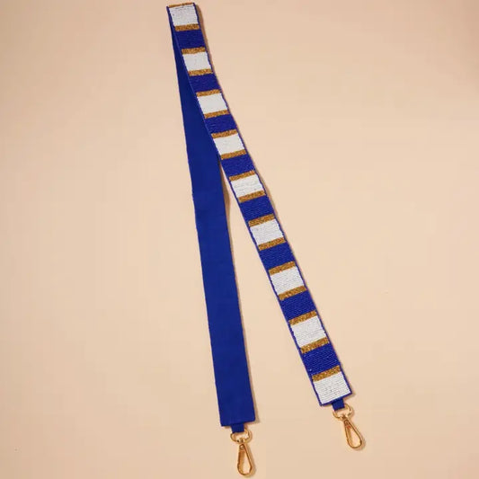 Striped Seed Beaded Bag Strap- Blue/White