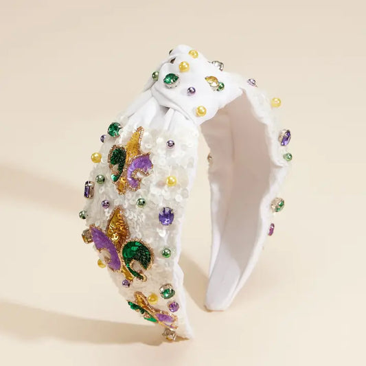 Elegant White Mardi Gras Headband with Fleur-De-Lis