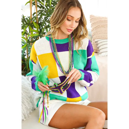 Mardi Gras Block Sweater Checkered Top