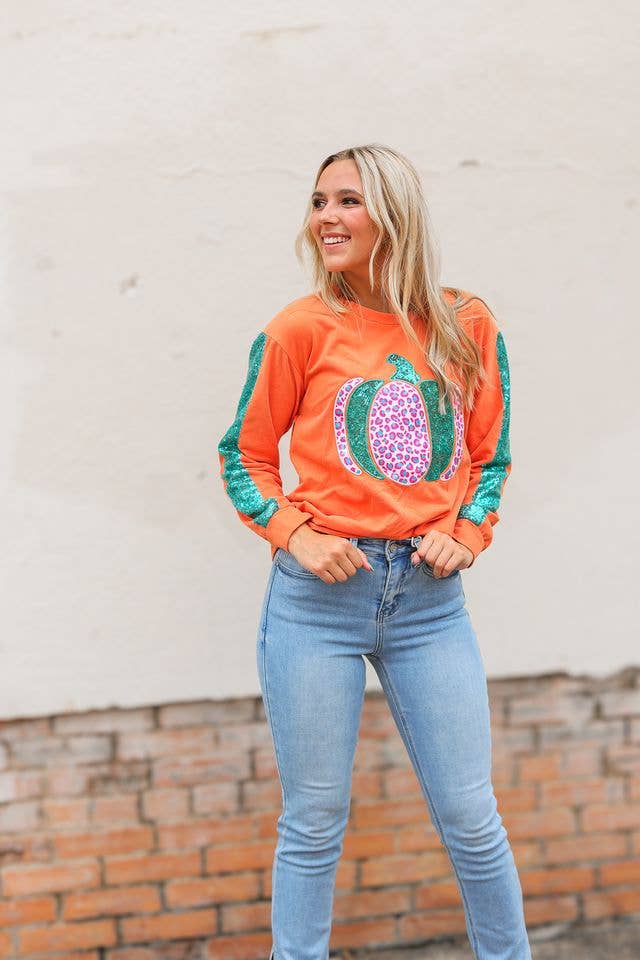 Orange Pumpkin Sequin Sleeve Sweater