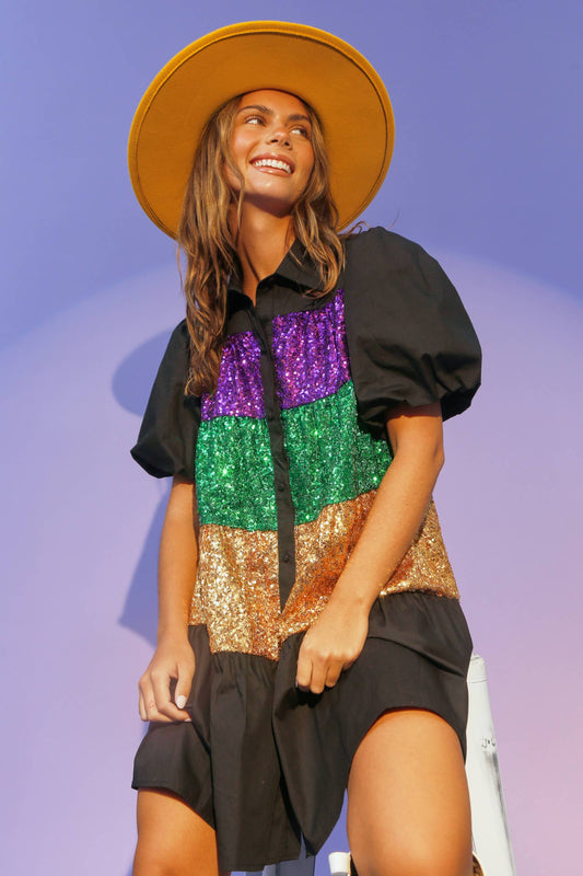 Sequin Color Block Shirt Dress - Black Multi