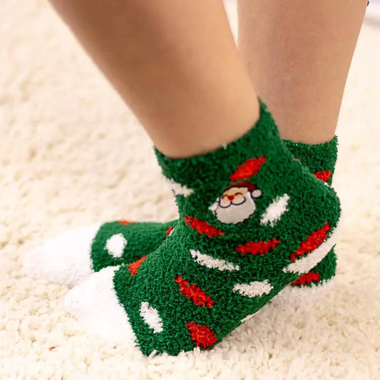 Kid's Embroidered Santa Face Cozy Socks Green/Red -Asst.