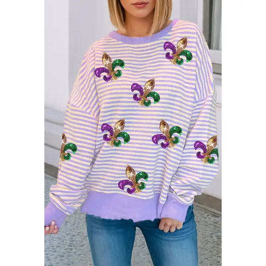 Fleur De Lis Sequin Patched Pattern Long Sleeve Tee- Purple