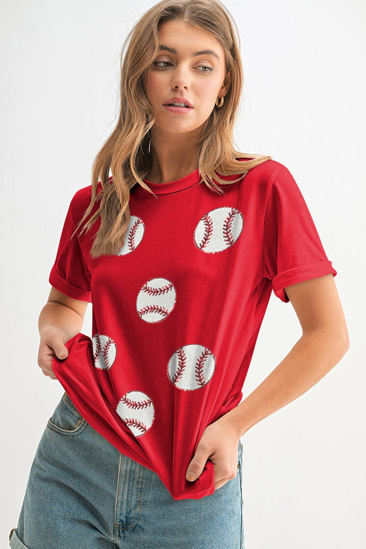 Sequin Basball Patch Graphic T Shirt