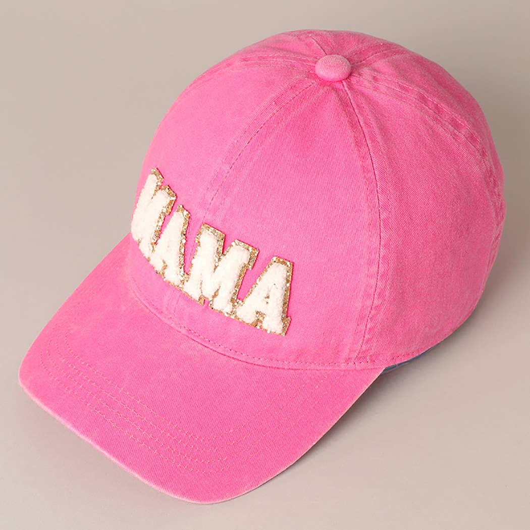 MAMA Chenille Letter Patch Cotton Baseball Cap- Hot Pink