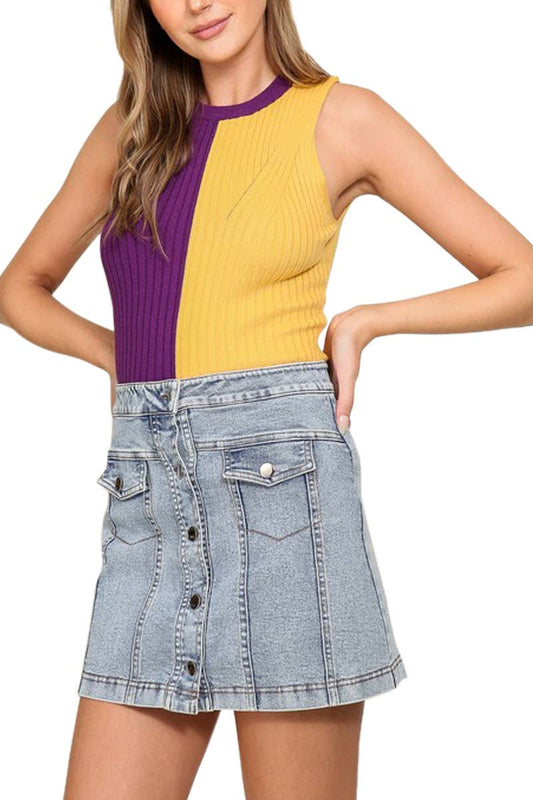Game Day Contrast Sweater Ribbed Top- Purple/ Yellow