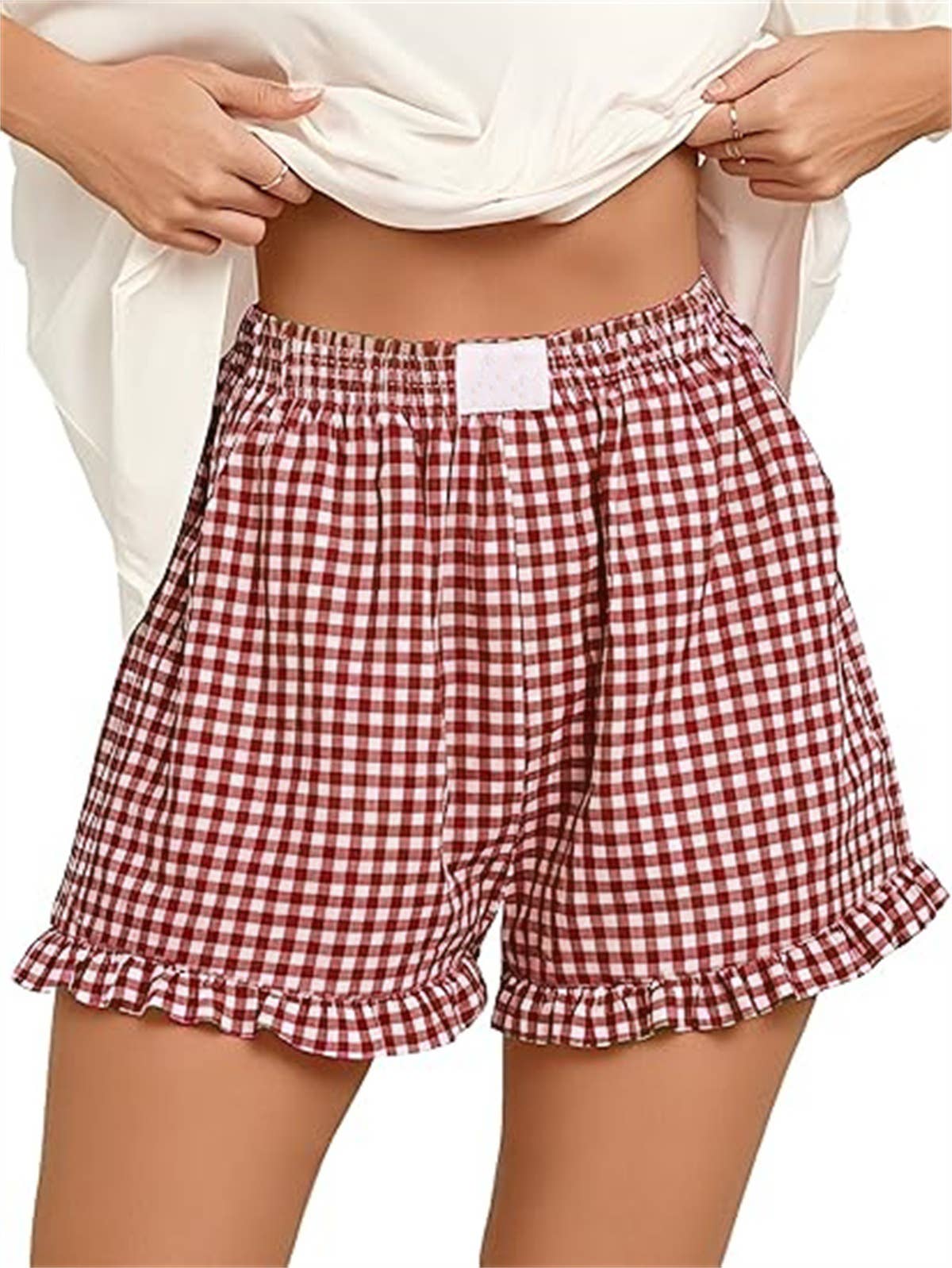Red Check Print Ruffle Shorts