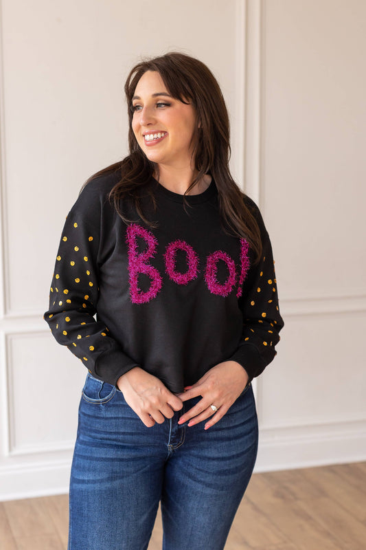 Black Boo Crewneck with Pumpkin Sequin Sleeves