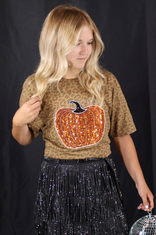 Orange Sparkle Pumpkin on Tan Leopard Tee