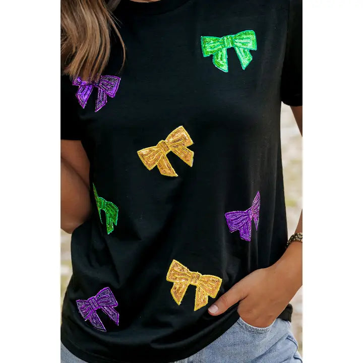 Mardi Gras Sequin Bow Knot Tee- Black