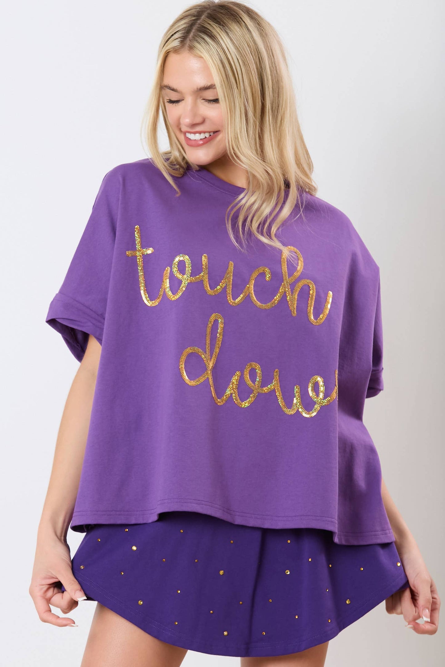 Touch Down Sequin Embroidery Oversized Top- Purple