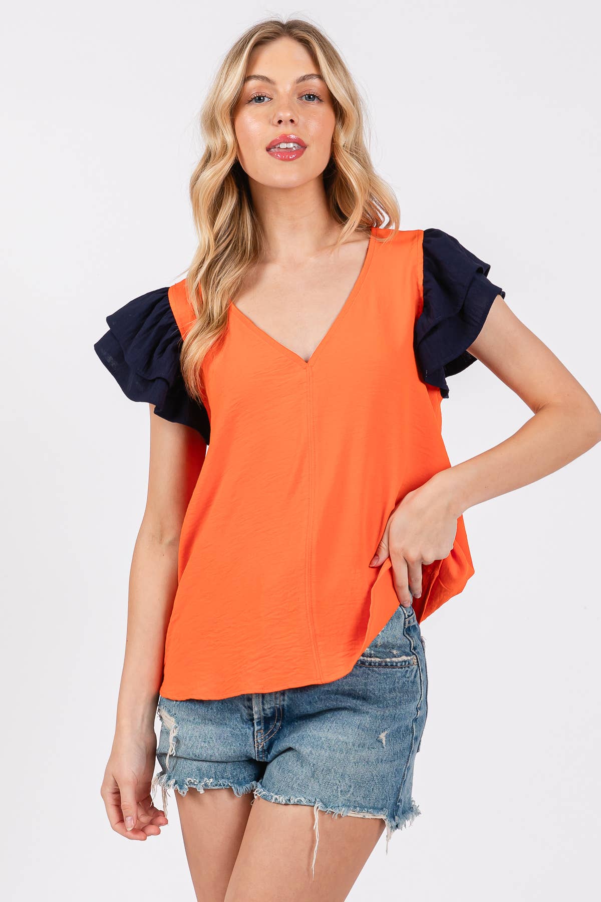 Game Day Contrast V-neck Flutter Sleeve Top- Crimson/ White