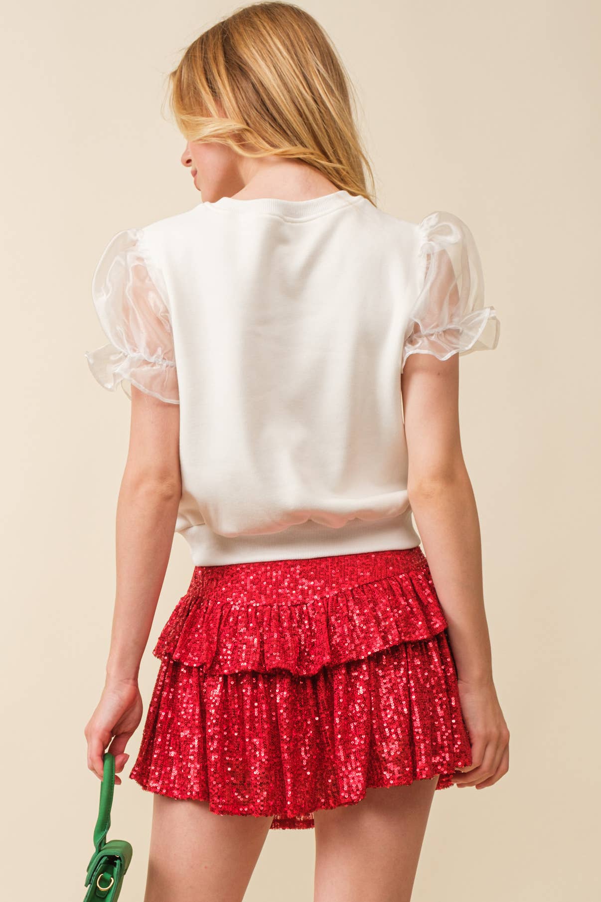 Candy Cane Puff Sleeve Top- White