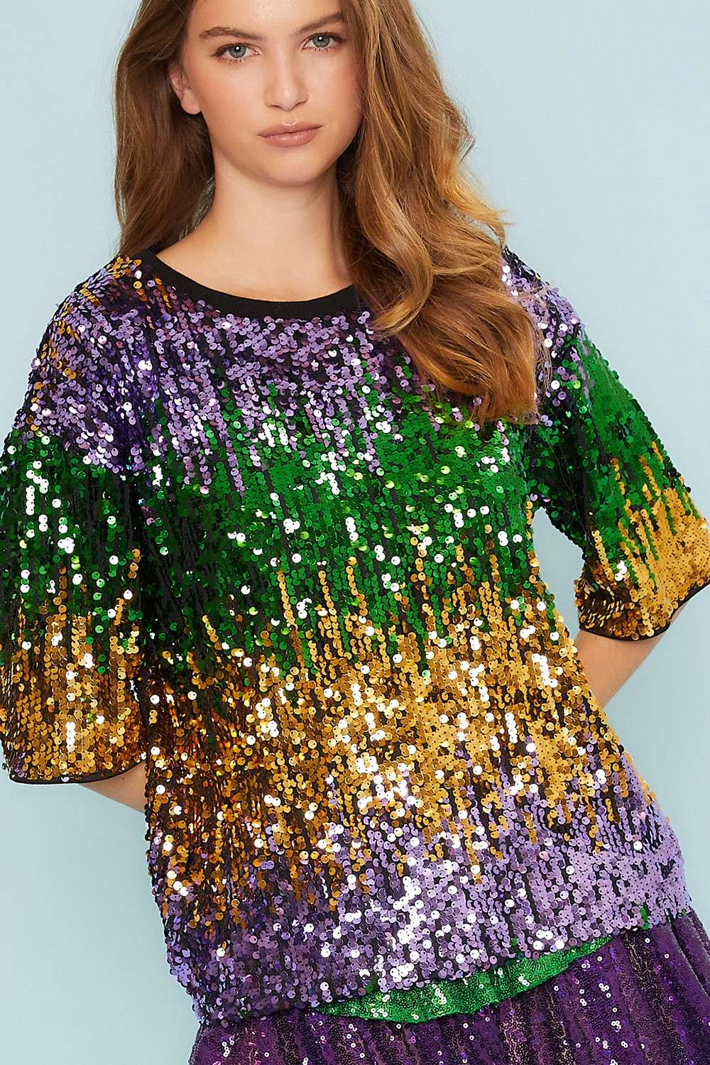 Mardi Gras Color Block Sequin Round Neck Top