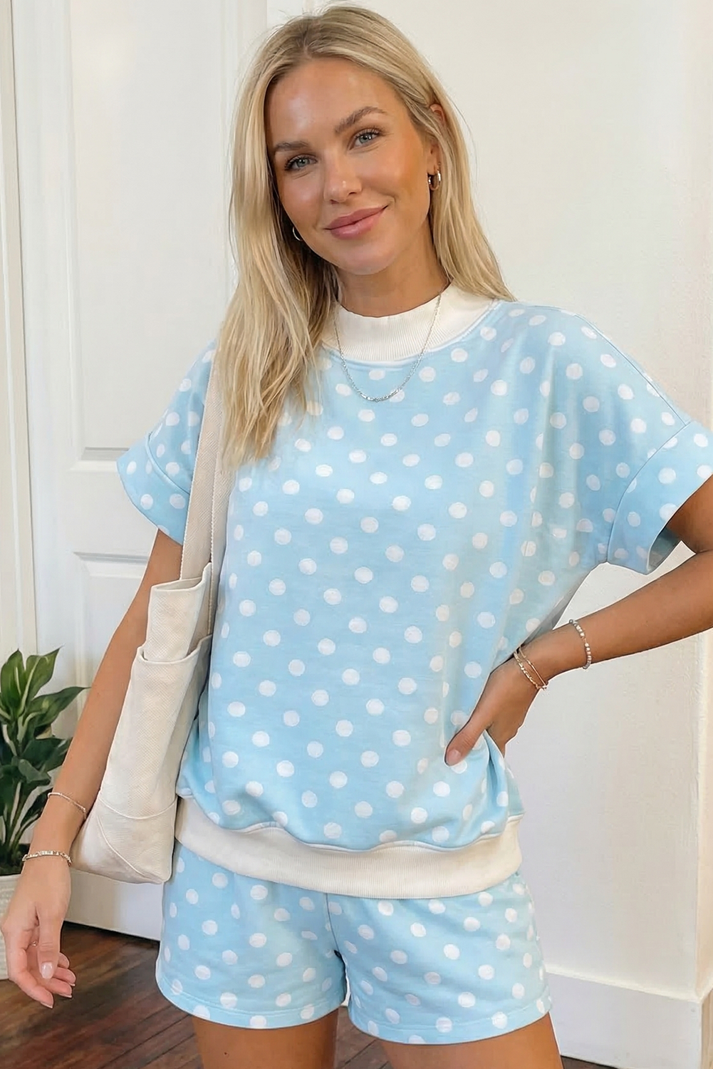 Polka Dot Mock Neck Sweatshirt and Shorts Set