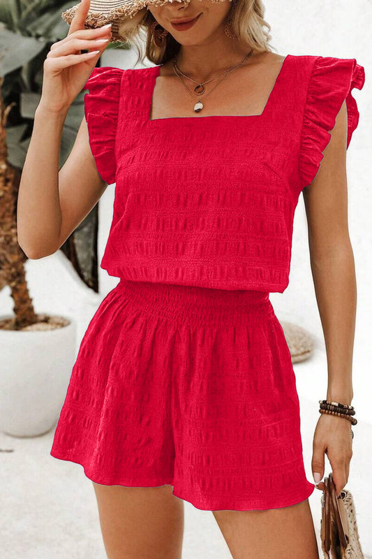 Fashion-W Textured Top and Shirred High Waist Shorts Set