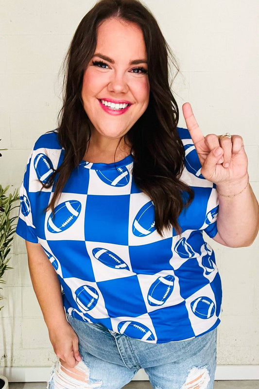 Game Day Football Checker Print Knit Top- Blue