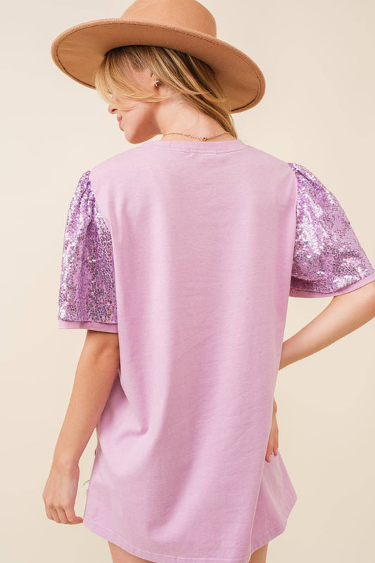Sequin Mardi Gras Letter Patch T-shirt Top- Lavender