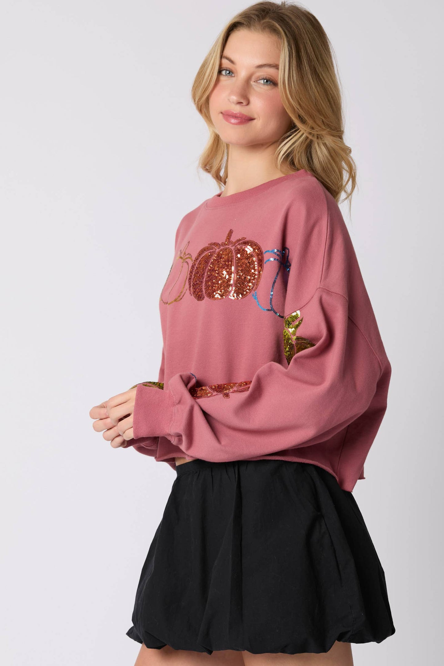 Thanksgiving Pumpkin Sequins Embroidery Sweatshirt- Cream