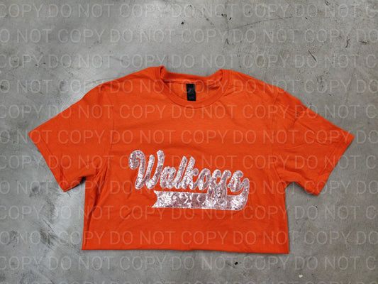 Walkoffs Silver School Spirit Wear with Real Sequins on Orange Tee