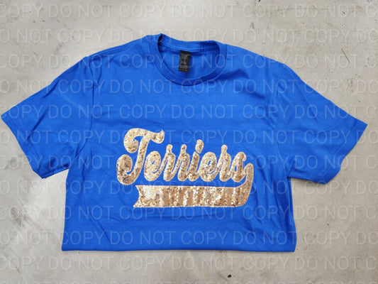 Terriers Light Gold School Spirit Wear with Real Sequins on Royal Blue Tee