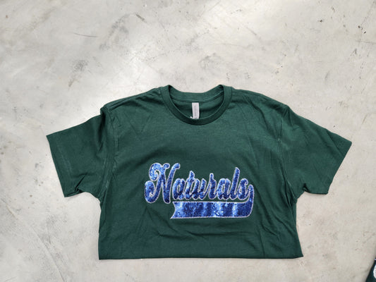 Naturals Navy School Spirit Wear with Real Sequins on Forest Green Tee