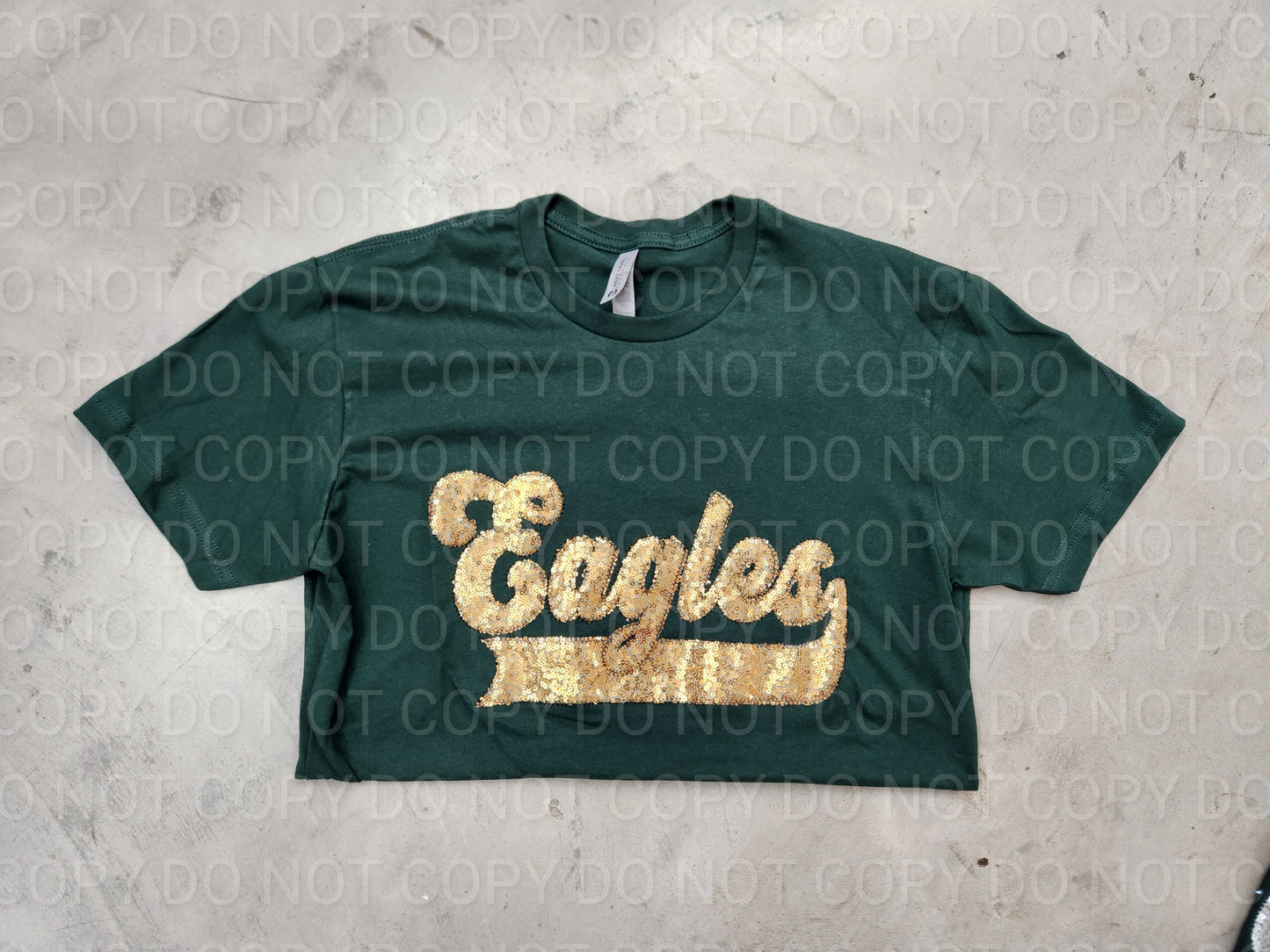 Eagles Light Gold School Spirit Wear with Real Sequins on Forest Green Tee