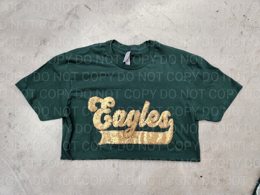 Eagles Light Gold School Spirit Wear with Real Sequins on Forest Green Tee
