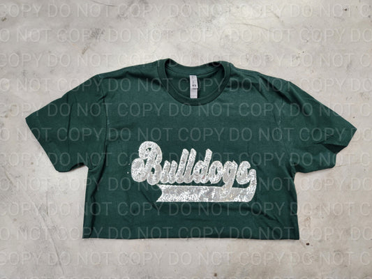 Bulldogs Silver School Spirit Wear with Real Sequins on Forest Green Tee