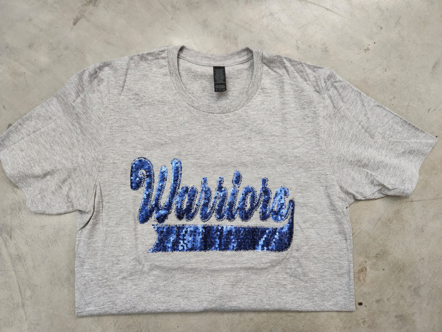 Warriors Navy School Spirit Wear with Real Sequins on Sport Gray Tee