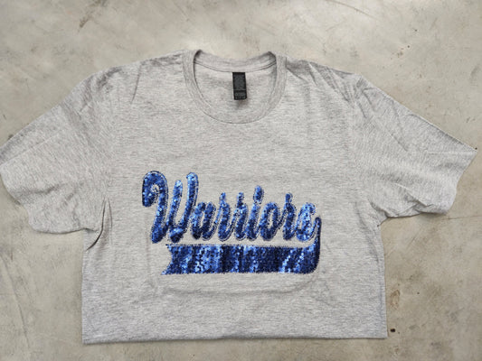 Warriors Navy School Spirit Wear with Real Sequins on Sport Gray Tee