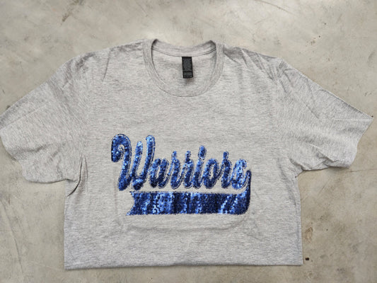 Warriors Navy School Spirit Wear with Real Sequins on Sport Gray Tee