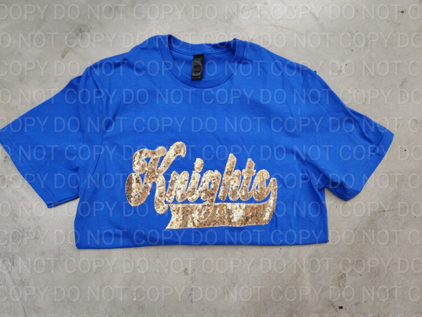 Knights Light Gold School Spirit Wear with Real Sequins on Royal Blue Tee