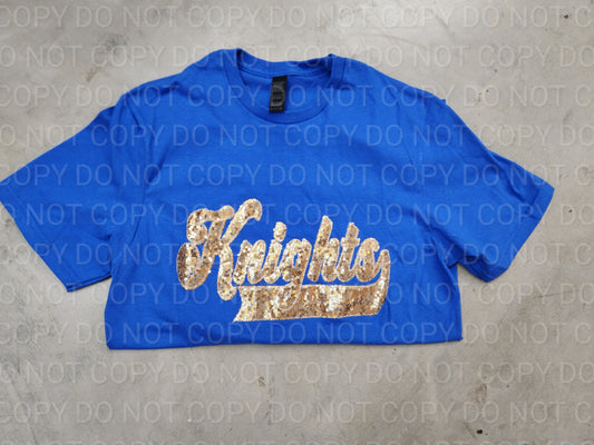 Knights Light Gold School Spirit Wear with Real Sequins on Royal Blue Tee