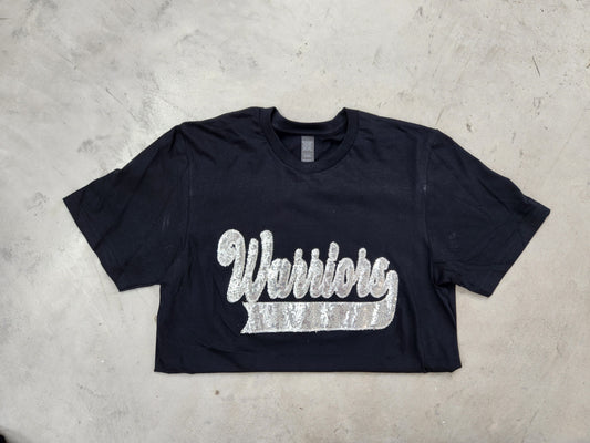 Warriors Silver School Spirit Wear with Real Sequins on Black Tee