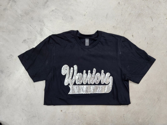 Warriors Silver School Spirit Wear with Real Sequins on Black Tee