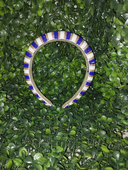 White/ Blue/Gold  beaded headband
