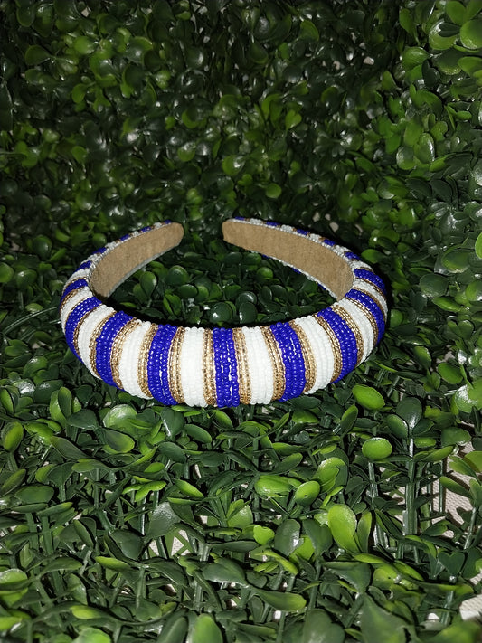 White/ Blue/Gold  beaded headband