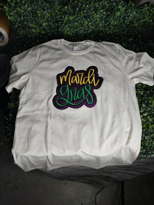 Mardi Gras with Glitter Layered  Embroidered T-shirt