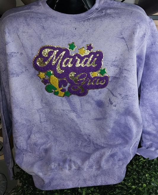 Mardi Gras Chenille Patch on Comfort Color Sweatshirt
