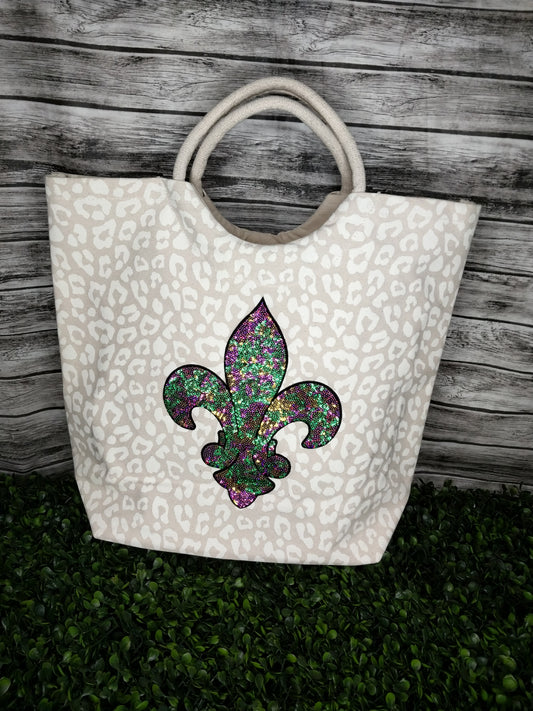 Leopard  Shore Tote Natural/Soft White 20x17x6.5 w/ Sequin FDL Patch