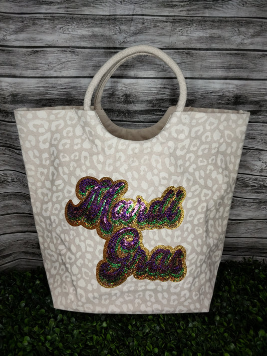 Leopard Shore Tote Natural/Soft White 20x17x6.5 w/ Sequin Mardi Gras Patch