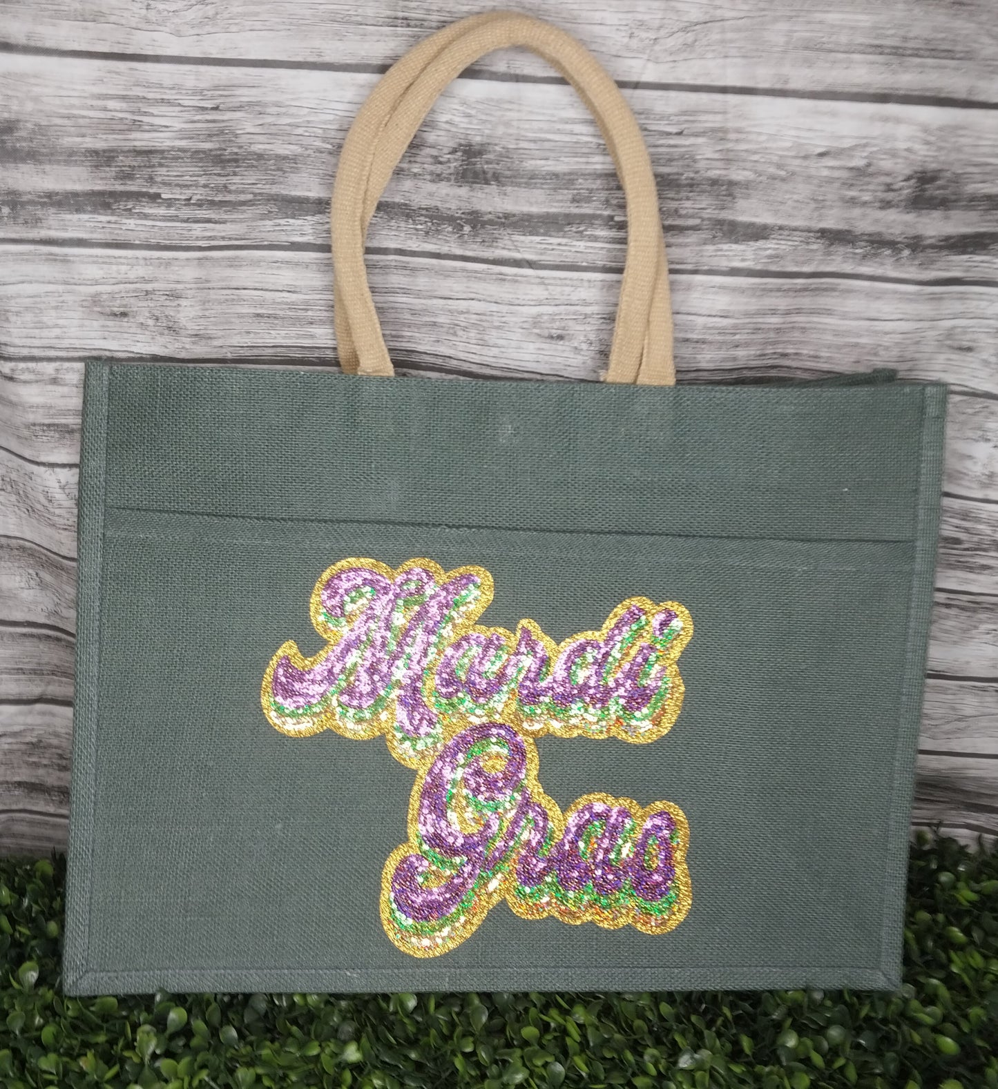 Jute Pocket Tote 19x14x7.5 w/Sequin Mardi Gras  Patch