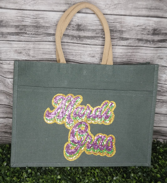 Jute Pocket Tote 19x14x7.5 w/Sequin Mardi Gras  Patch