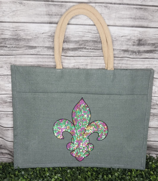 Jute Pocket Tote 19x14x7.5 w/Sequin FDL Patch