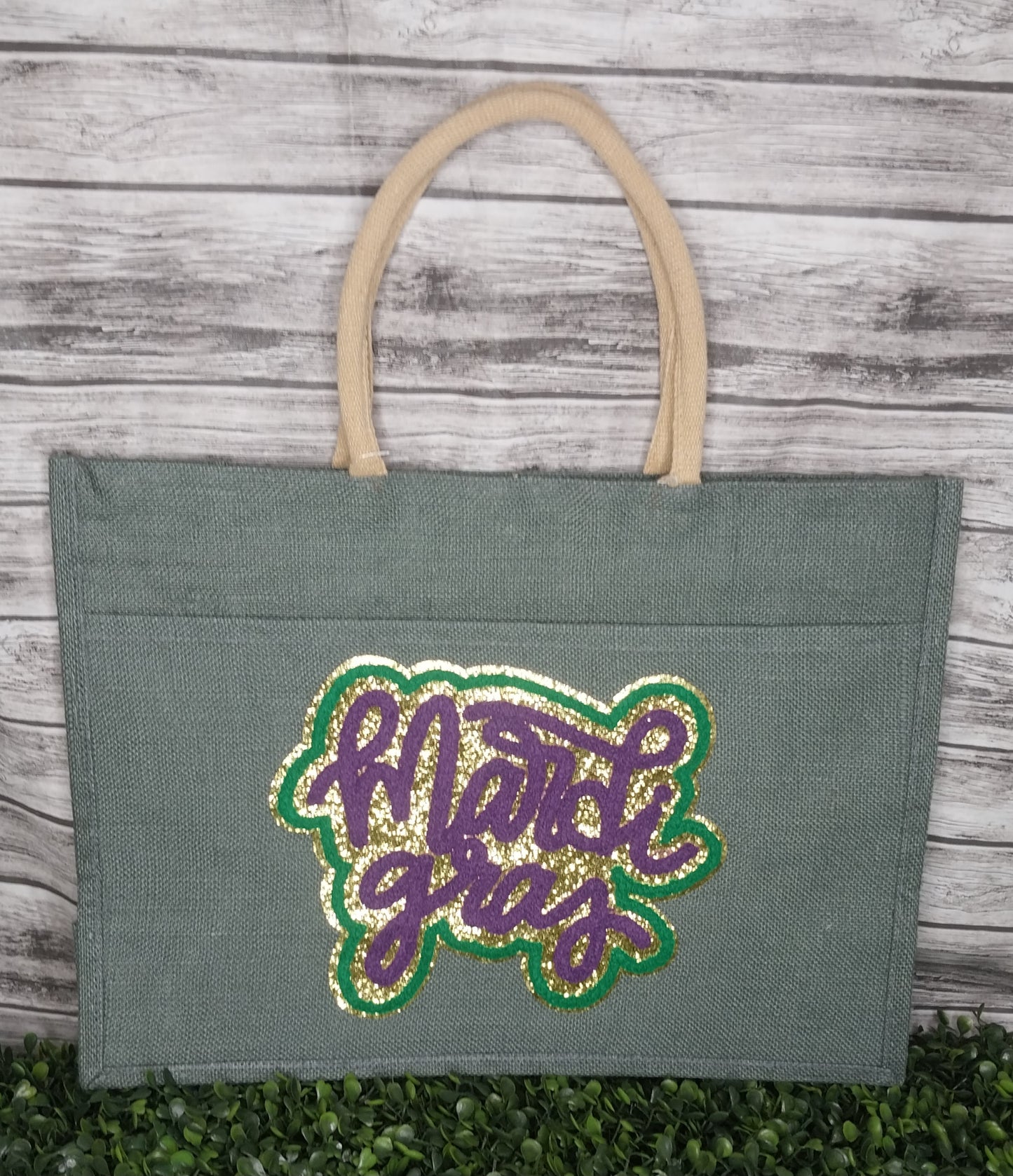 Jute Pocket Tote 19x14x7.5 w/Chenille Mardi Gras  Patch